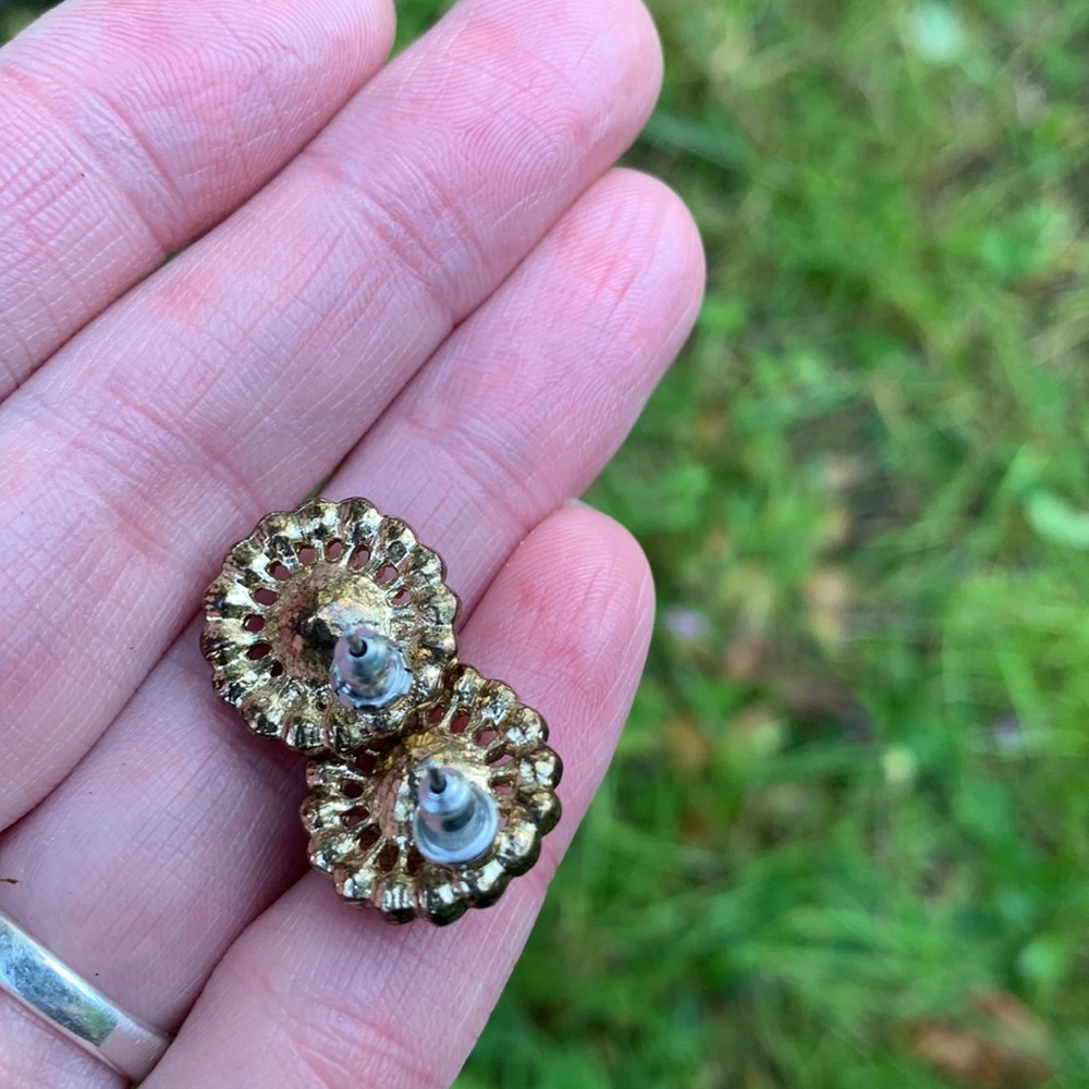 Large brilliant round stones gold pink clear crystals stud earrings like new - Picture 5 of 11